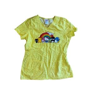 Hello Kitty and Friends Sanrio Scrub Top Yellow Rainbow V-Neck Cotton Medium